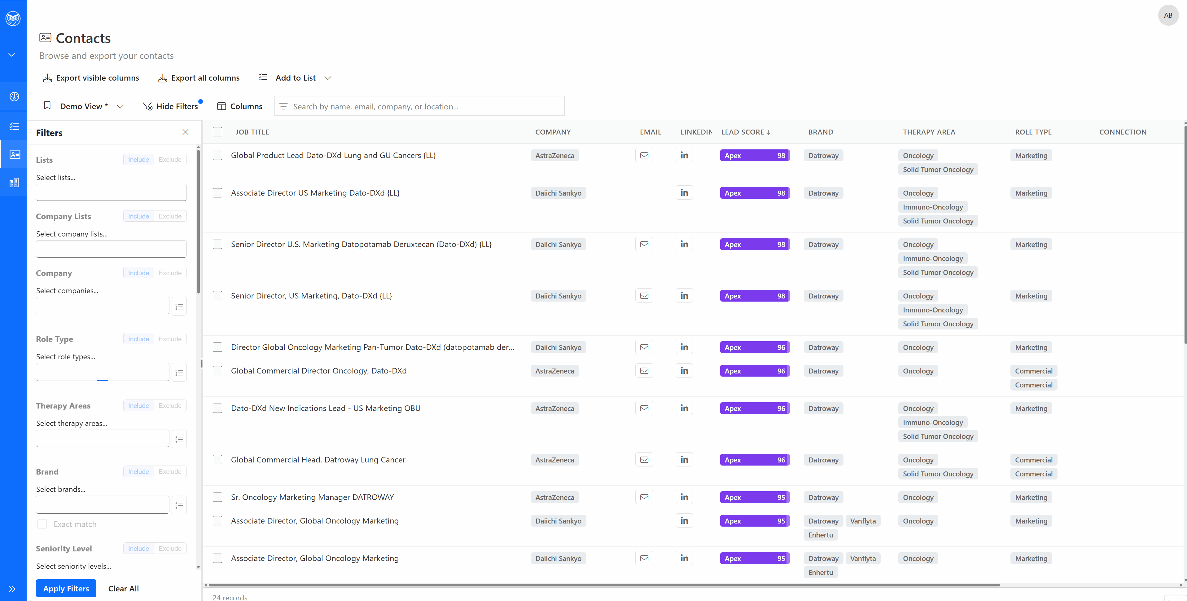 Pharma contact database screenshot